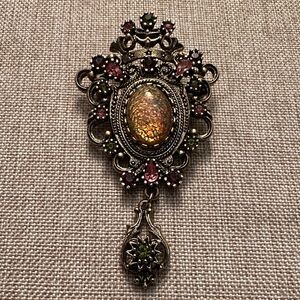 Sarah Coventry Brooch/Pendant with faux Opal stone w pink and green rhinestones